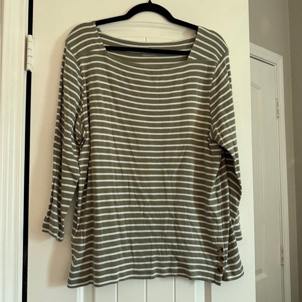 Chico's Olive Green and White Striped Long Sleeve Top